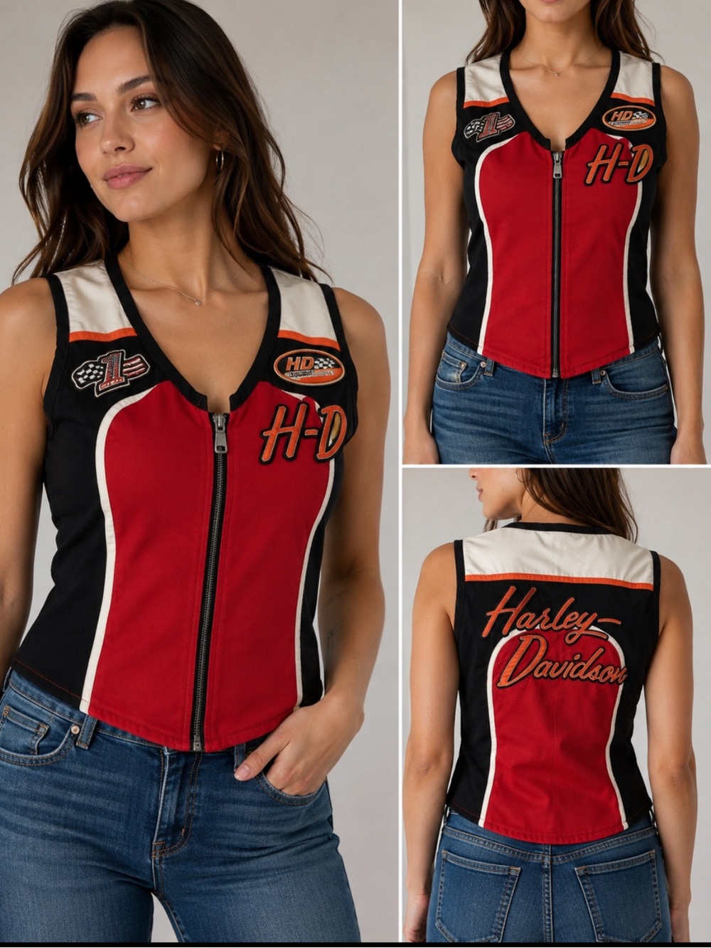 Harley-Davidson Red Black Zip-Front Racing Tank with Script Back Y2K Vintage